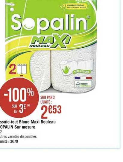 essuie tout blanc maxi rouleau sopalin sur mesure -100% sur le 3e