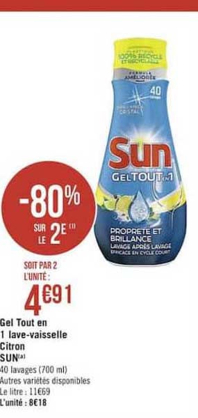 gel tout en 1 lave vaisselle citron sun -80% sur le 2e