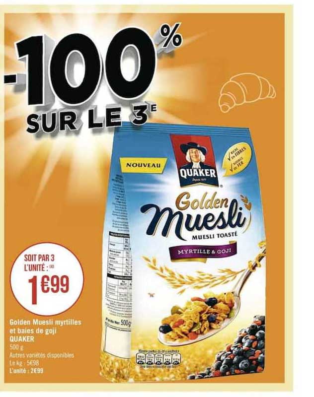golden muesli myrtilles et baies de goji quaker -100% sur le 3e