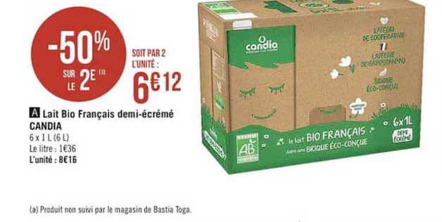 Lait Bio Français Demi écrémé Candia -50% Sur Le 2e