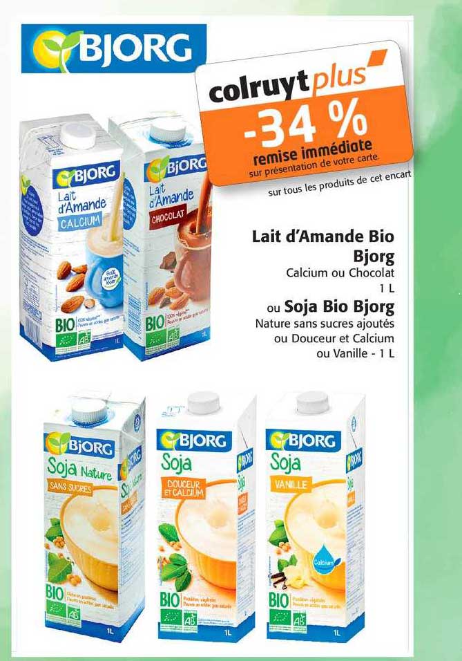 lait d'amande bio bjorg ou soja bio bjorg -34% remise immédiate