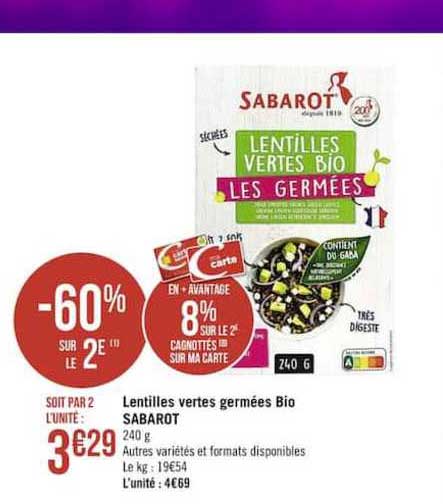 lentilles vertes germées bio sabarot -60% sur le 2e