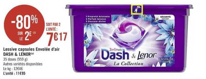lessive capsules envolée d'air dash & lenor -80% sur le 2e