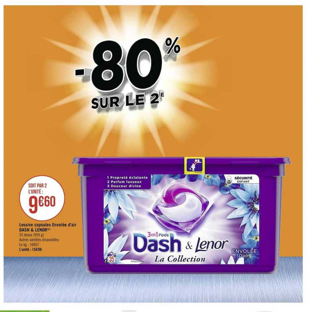 lessive capsules envolée d'air dash & lenor -80% sur le 2e