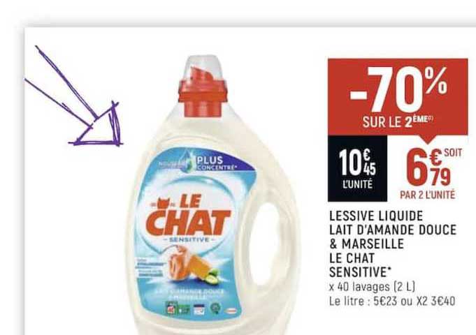 lessive liquide lait d'amande douce & marseille le chat sensitive -70% sur le 2ème