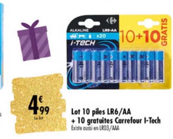 lot 10 piles lr6 aa + 10 gratuites carrefour i tech
