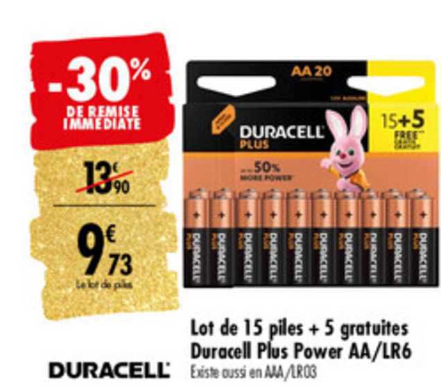 lot de 15 piles + 5 gratuites duracell plus power aa lr 6 -30% de remise immédiate