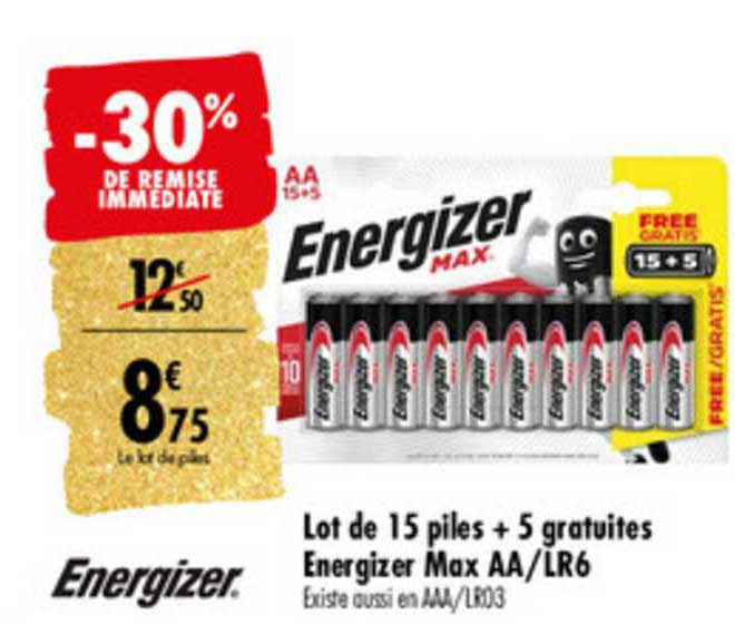 lot de 15 piles + 5 gratuites energizer max aa lr6 -30% de remise immédiate