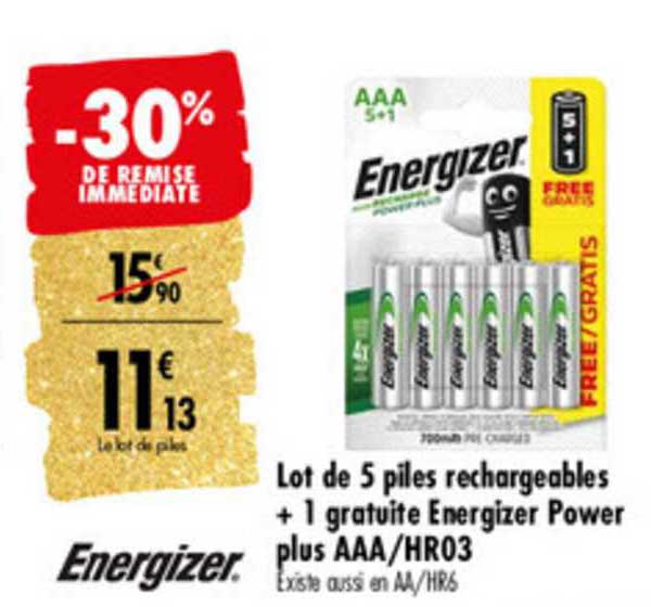 lot de 5 piles rechargeables + 1 gratuite energizer power plus aaa hr03 -30% de remise immédiate