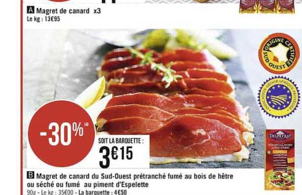 magret de canard du sud ouest prétranché fumé au bois de hêtre ou séché ou fumé au piment d'espelette