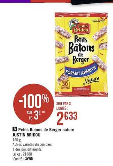Petits Bâtons De Berger Nature Justin Bridou -100% Sur Le 3e
