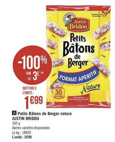petits bâtons de berger nature justin bridou -100% sur le 3e
