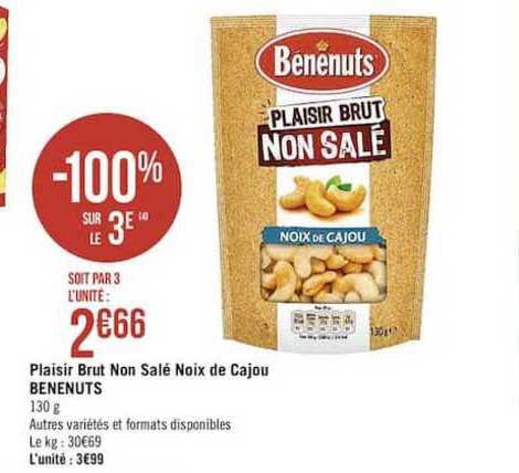 plaisir brut non salé noix de cajou benenuts -100% sur le 3e