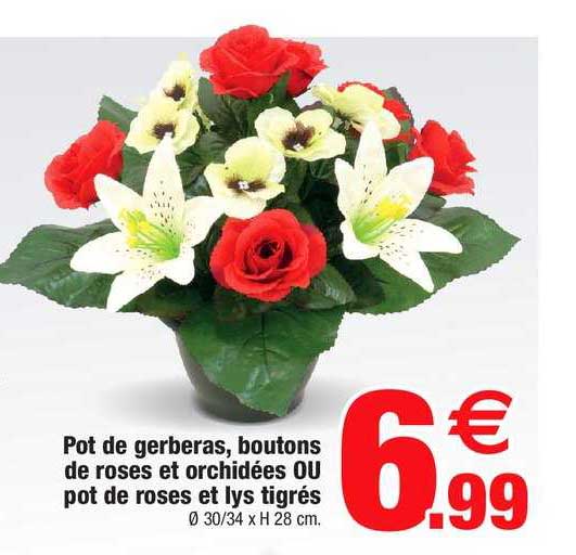 pot de gerberas boutons de roses et orchidées ou pot de roses et lys tigrés