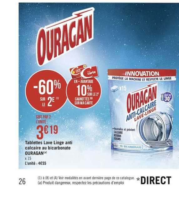 tablettes lave linge anti calcaire au bicarbonate ouragan -60% sur le 2e