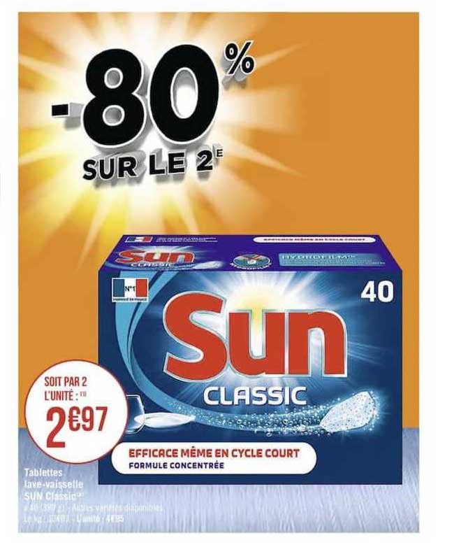 tablettes lave vaisselle sun classic -80% sur le 2e