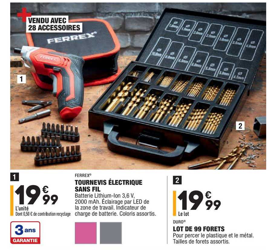 tournevis électrique sans fil ferrex lot de 99 forets duro