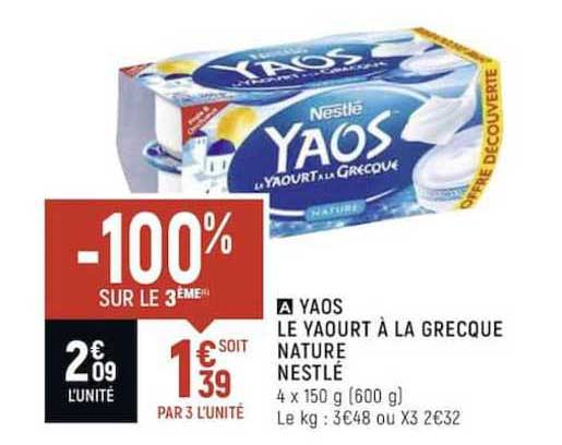 yaos le yaourt à la grecque nature nestlé -100% sur le 3ème