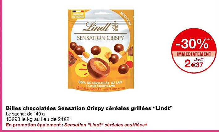 Billes Chocolatées Sensation Crispy Céréales Grillées "lindt"