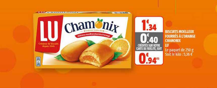 biscuits moelleux fourrés à l'orange chamonix lu