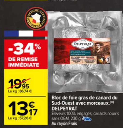 bloc de foie gras de canard du sud-ouest avec morceaux delpeyrat