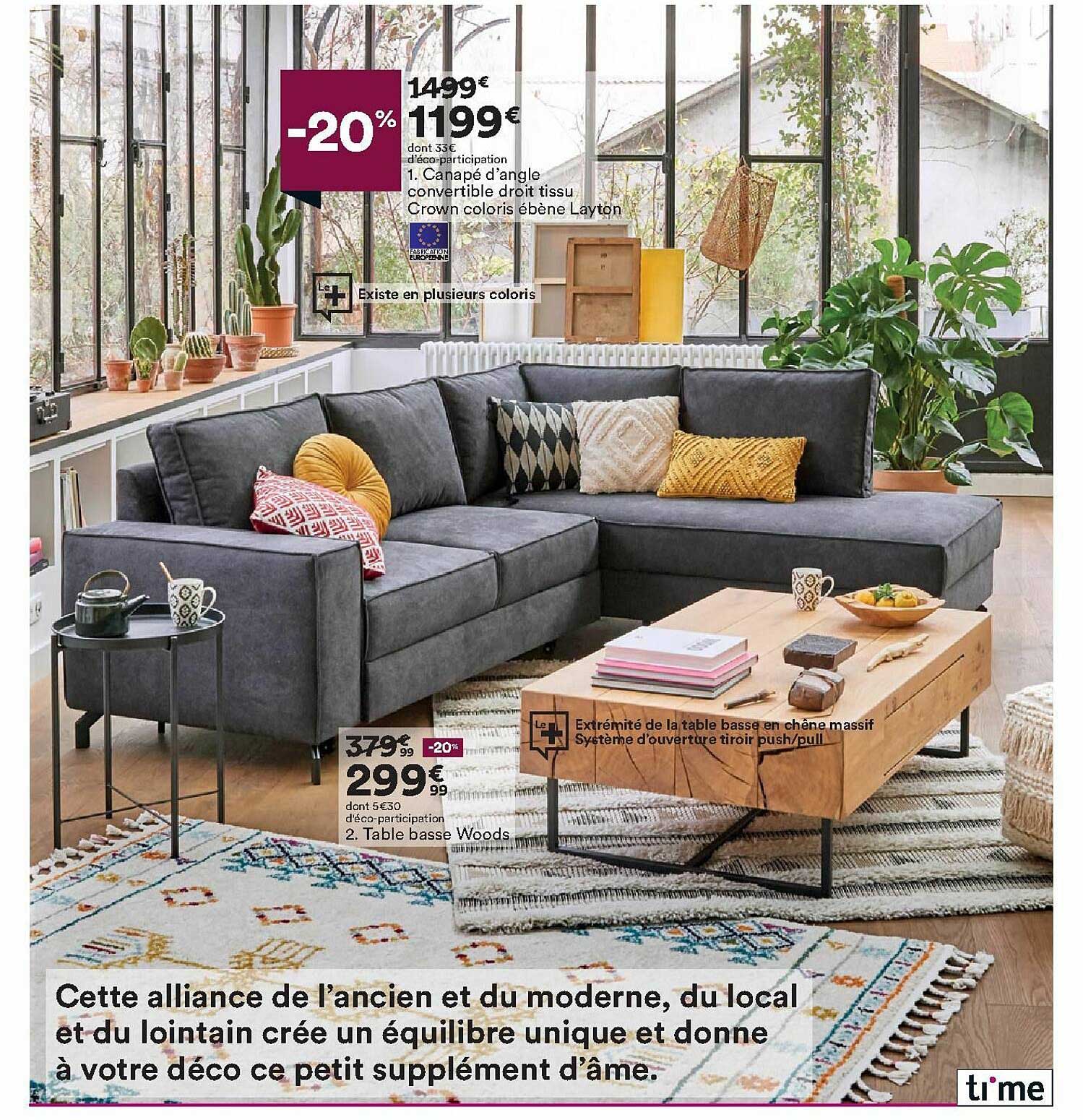 canapé d'angle crown coloris ebène layton, table basse woods