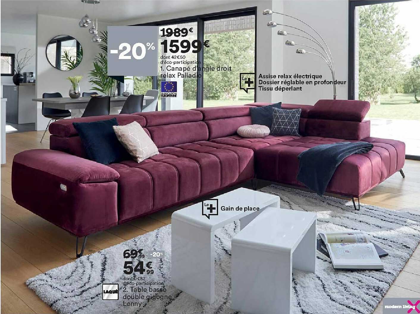 canapé d'angle droit relax paladio, table basse double gigogne lenny modern living