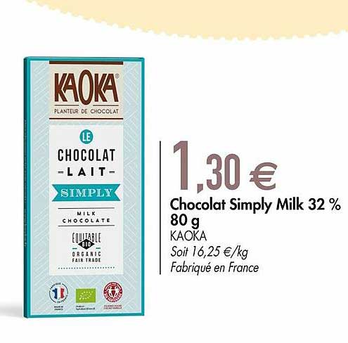chocolat simply milk 32% 80 g kaoka