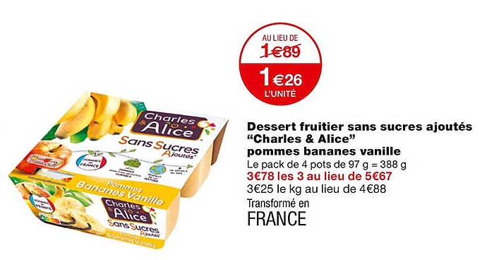 Dessert Fruitier Sans Sucres Ajoutés "charles & Alice" Pommes Bananes Vanille