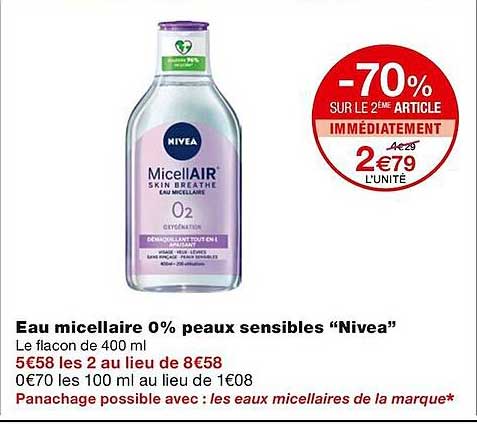 eau micellaire 0% peaux sensibles "nivea"