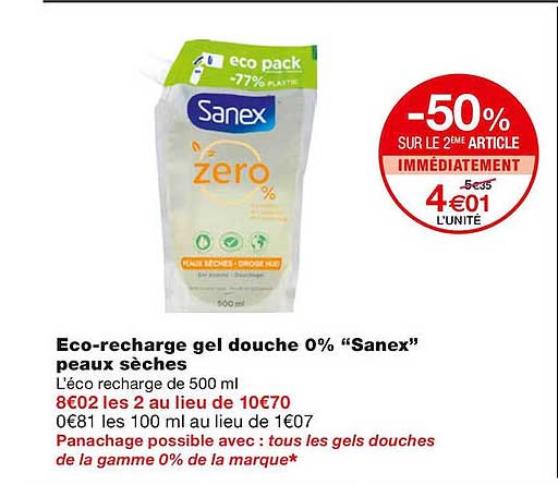 éco-recharge gel douche 0% "sanex" peaux sèches