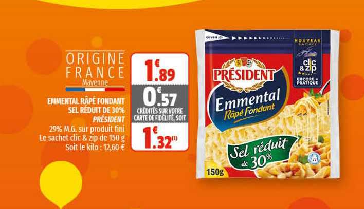 emmental râpé fondant sel réduit de 30% président