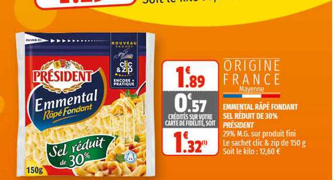 emmental râpé fondant sel réduit de 30% président
