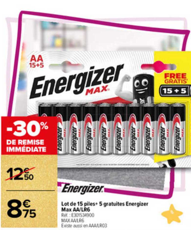 energizer lot de 15 piles + 5 gratuites max AA lr6