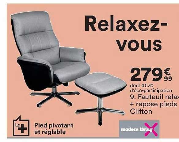 fauteuil relax + repose pieds clifton modern living