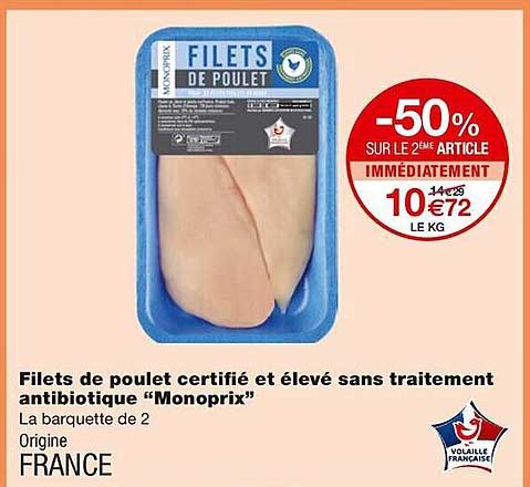 filets de poulet certifié et élevé sans traitement antibiotique "monoprix"