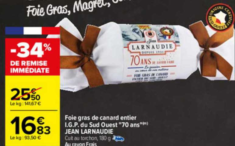 foie gras de canard entier i.g.p. du sud ouest 70 ans jean larnaudie