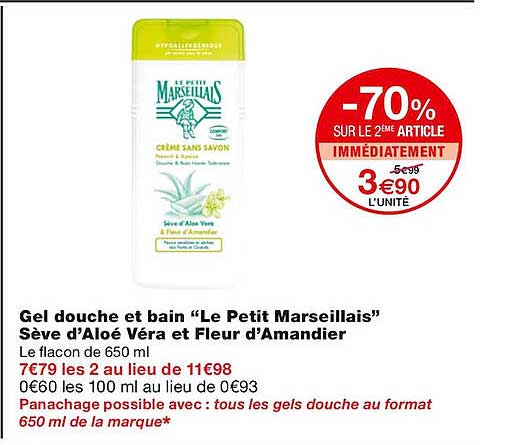 gel douche et bain "le petit marseillais" sève d'aloé véra et fleur d'amandier