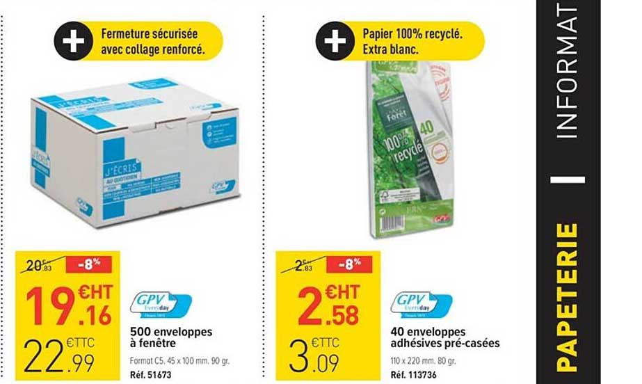 gpv 500 enveloppes à fenêtre ou 40 enveloppes adhésives pré-casées