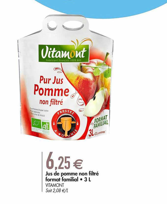jus de pomme non filtré format familial 3 l vitamont