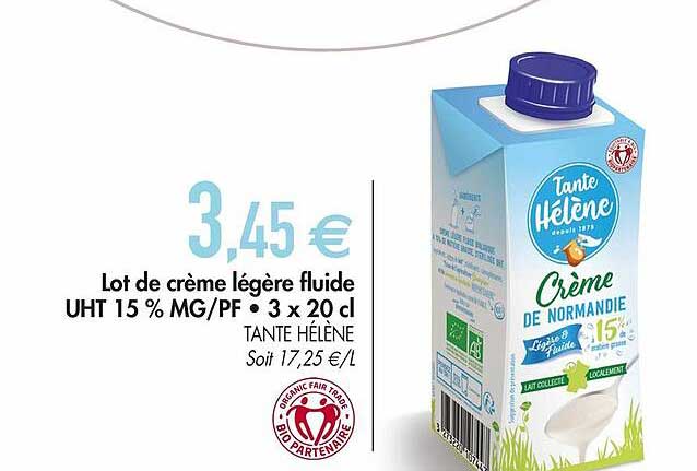 lot de crème légère fluide uht 15% mg - pf 3 x 20 cm tante hélène