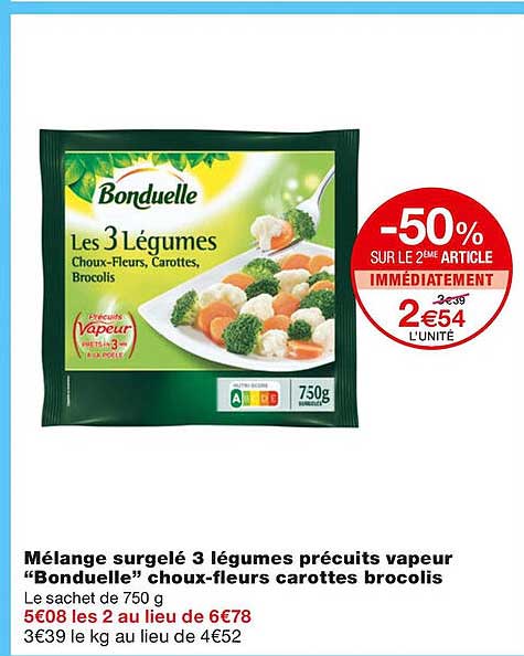 mélange surgelé 3 légumes précuits vapeur "bonduelle" choux-fleurs carottes brocolis