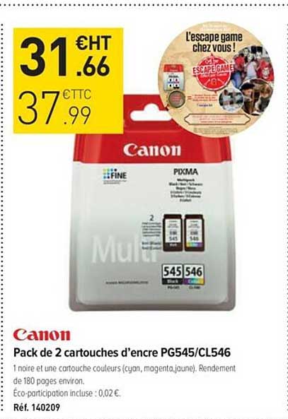 pack de 2 cartouches d'encre pg545-cl546 canon