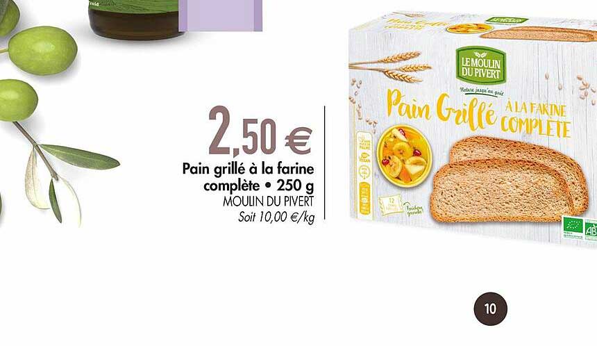 pain grillé à la farine complète 250 g moulin du pivert