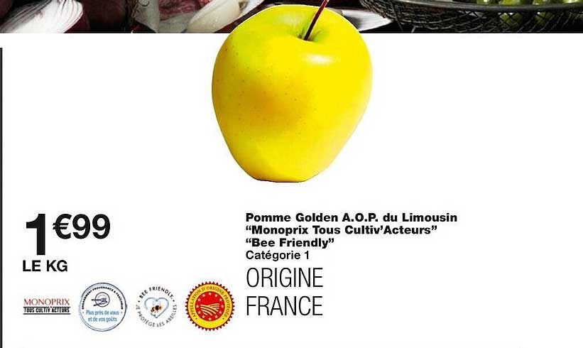 pomme golden a.o.p. limousin "monoprix tous cultiv'acteurs" "bee friendly"