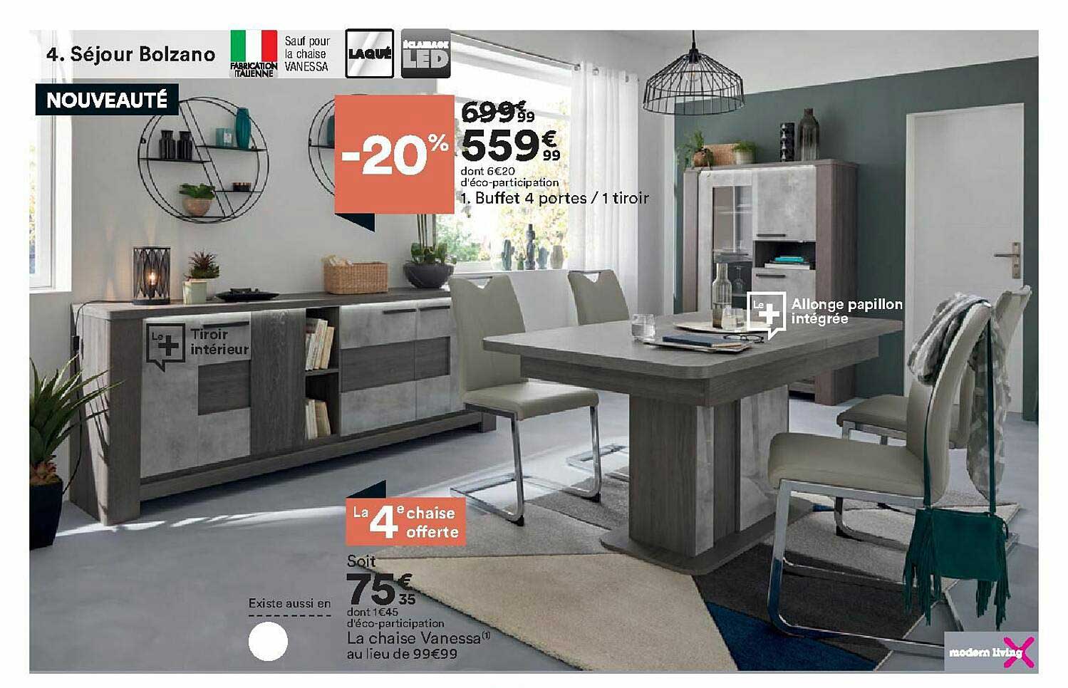 séjour bolzano : buffet 4 portes - 1 tiroir, la chaise vanessa modern living