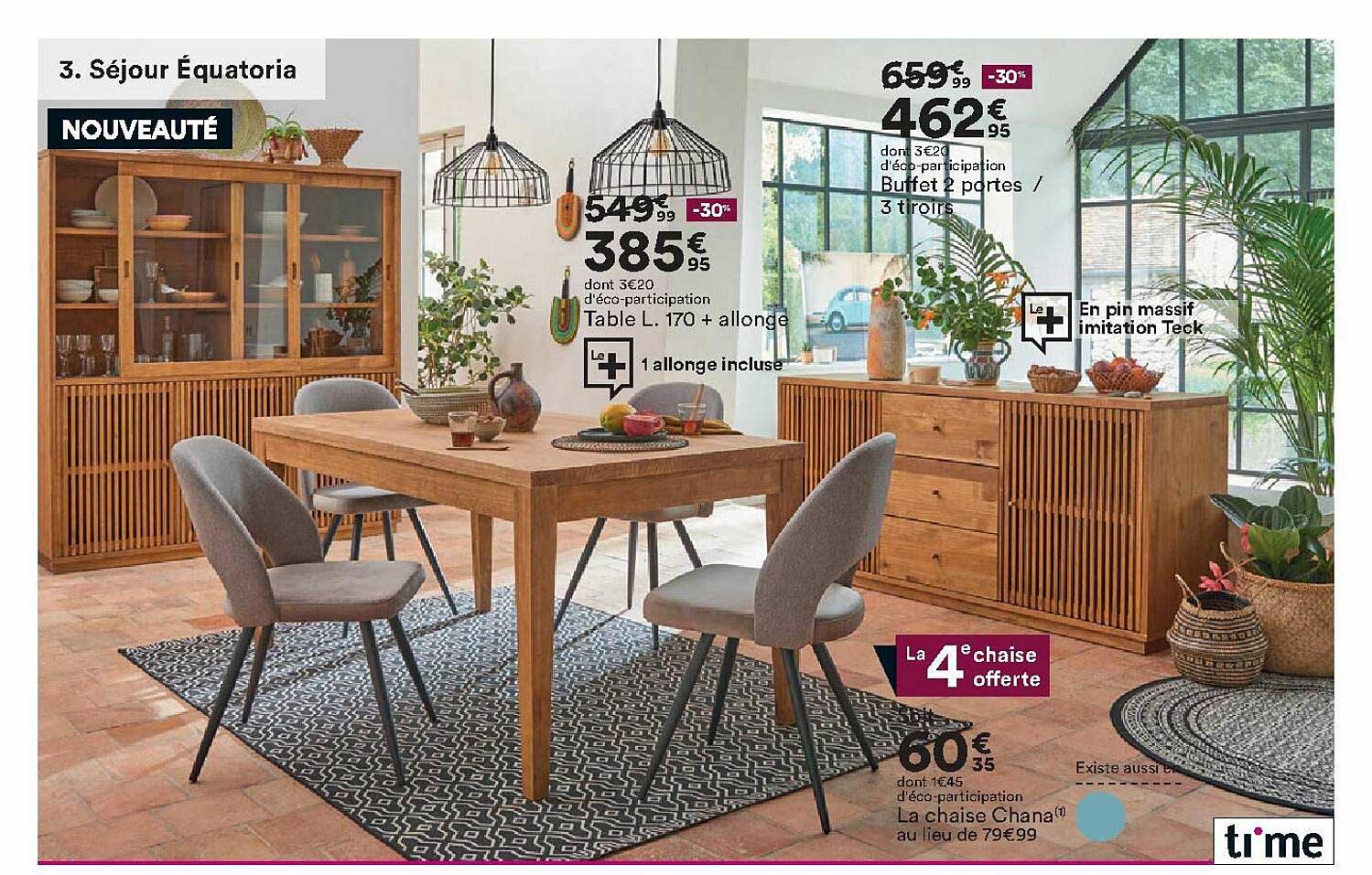 séjour équatoria : table l. 170 + allonge, la chaise chana