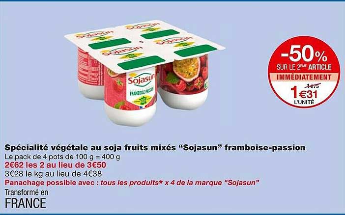 Spécialité Végétale Au Soja Fruits Mixés "sojasun" Framboise-passion