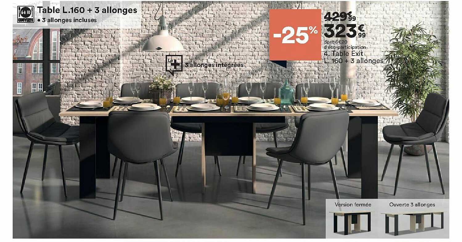 table exit l. 160 cm + 3 allonges