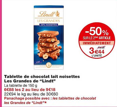 tablette de chocolat lait noisettes les grandes de "lindt"